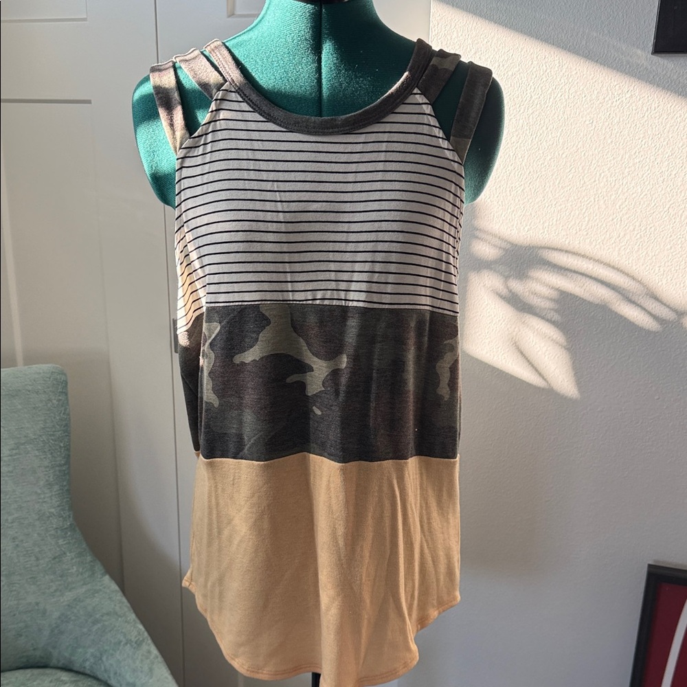 Stylish Striped and Camo Tank Top in Black, Green, and Tan